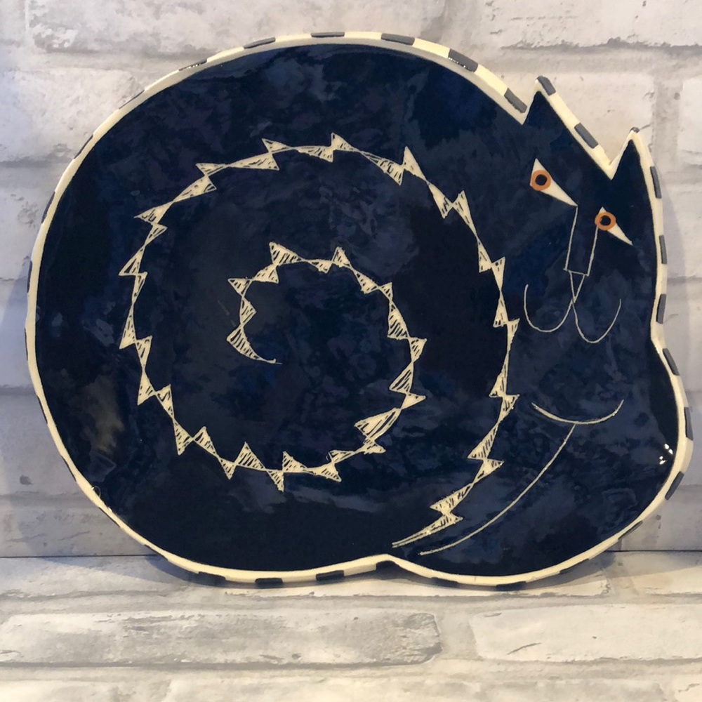 Alison Palmer hand painted black cat dish Alice in Wonderland vibe plate decor